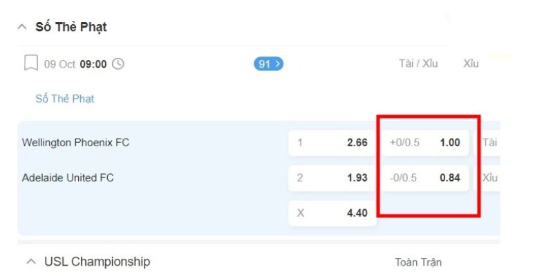 Ví dụ kèo thẻ phạt trận đấu giữa Wellington FC vs Adelaide United FC